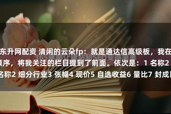 东升网配资 清闲的云朵fp：就是通达信高级板，我在编辑栏目里调整了一下顺序，将我关注的栏目提到了前面。依次是：1 名称2 细分行业3 张幅4 现价5 自选收益6 量比7 封成比8 换手%9 ...